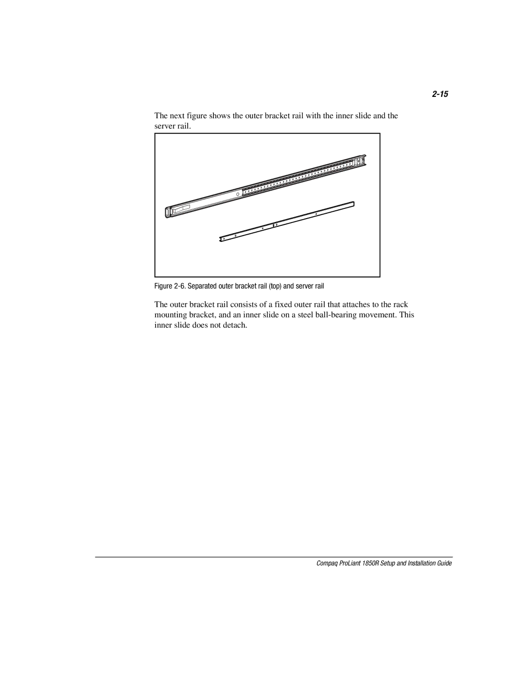 Compaq 1850R manual Separated outer bracket rail top and server rail 