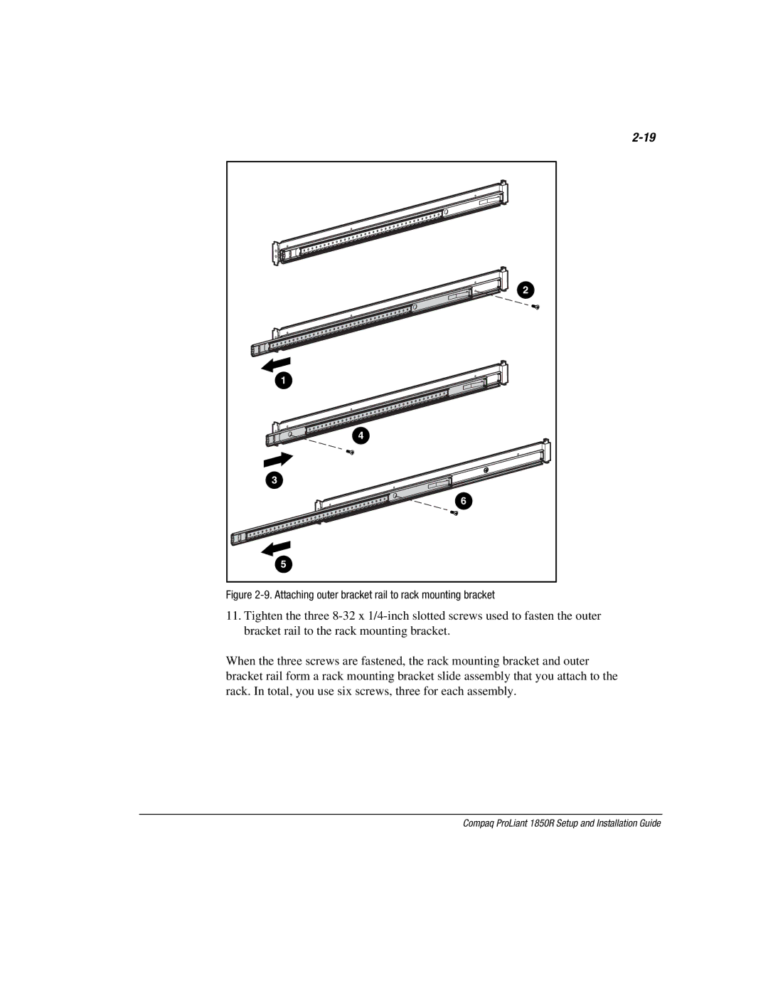 Compaq 1850R manual Attaching outer bracket rail to rack mounting bracket 