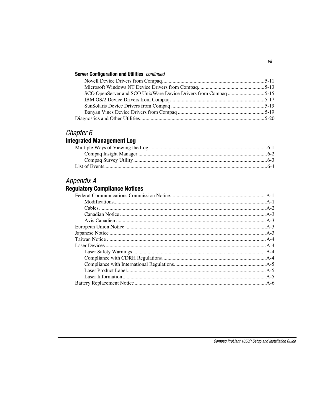 Compaq 1850R manual Integrated Management Log, Vii 