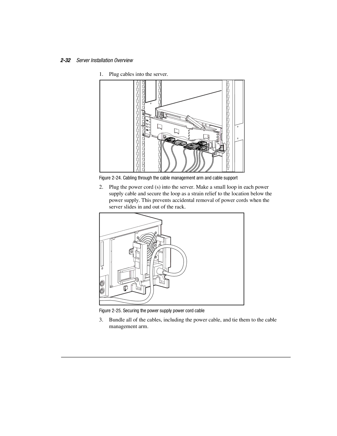 Compaq 1850R manual 32Server Installation Overview, Securing the power supply power cord cable 