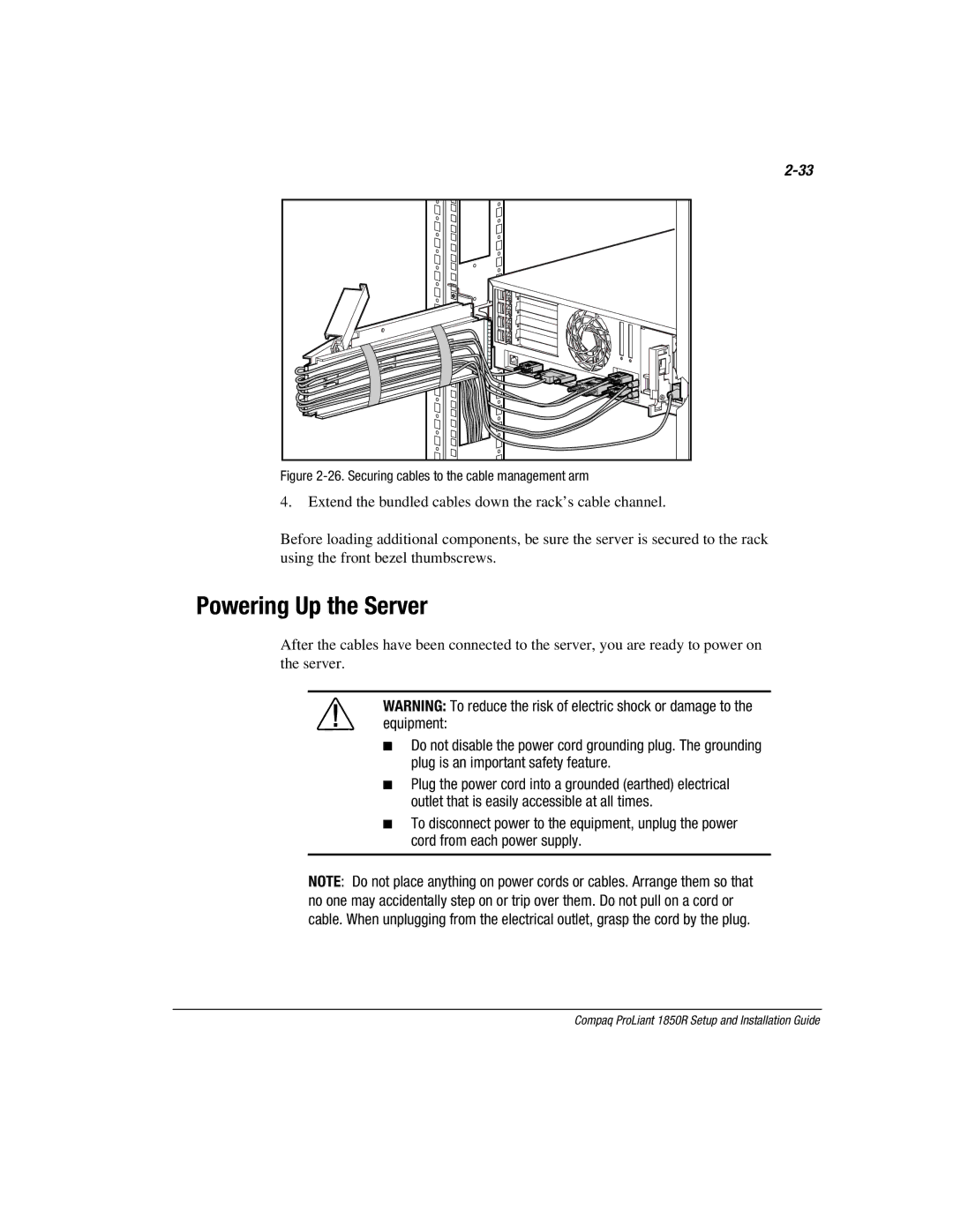 Compaq 1850R manual Powering Up the Server, Securing cables to the cable management arm 