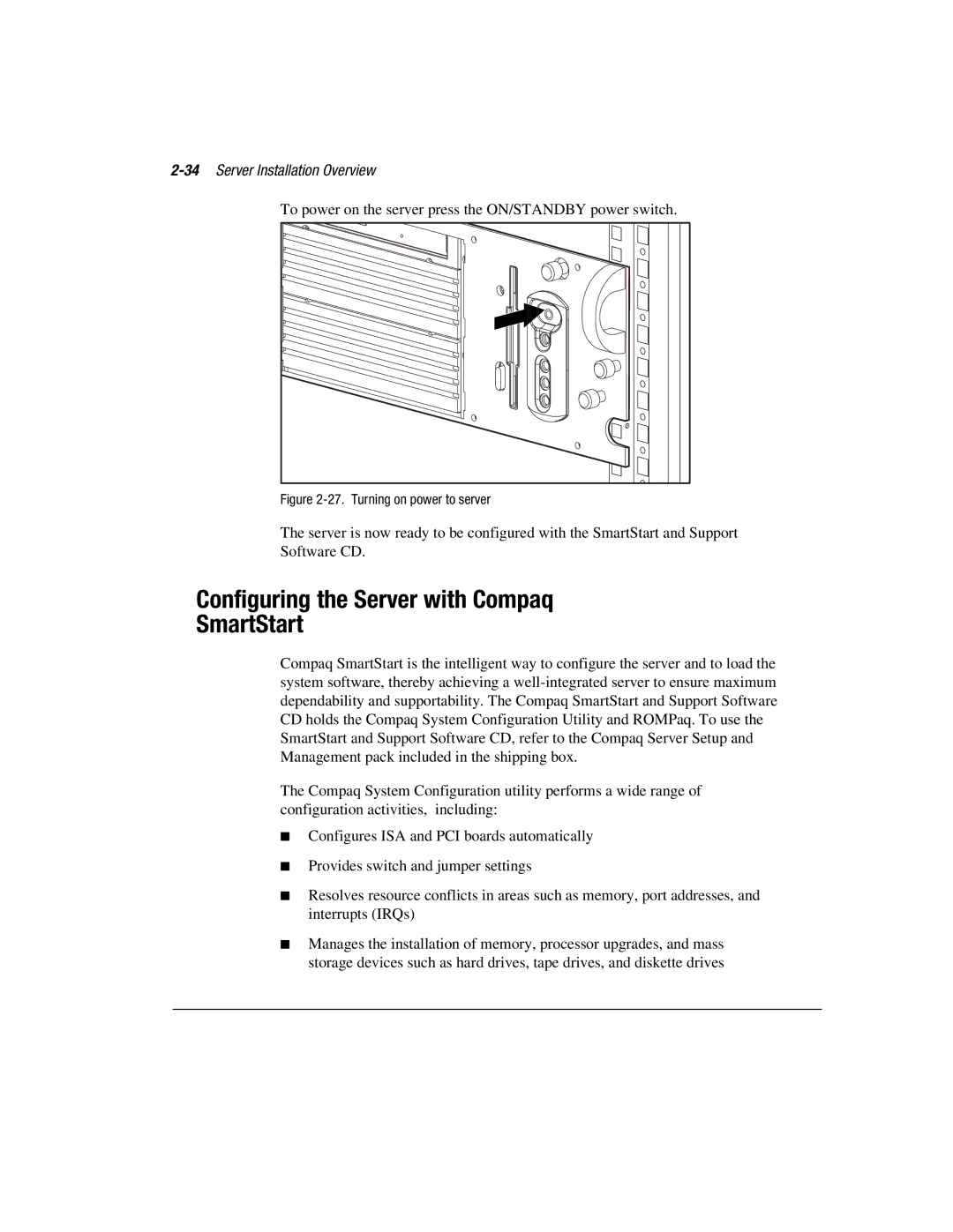 Compaq 1850R manual Configuring the Server with Compaq SmartStart, 34Server Installation Overview 