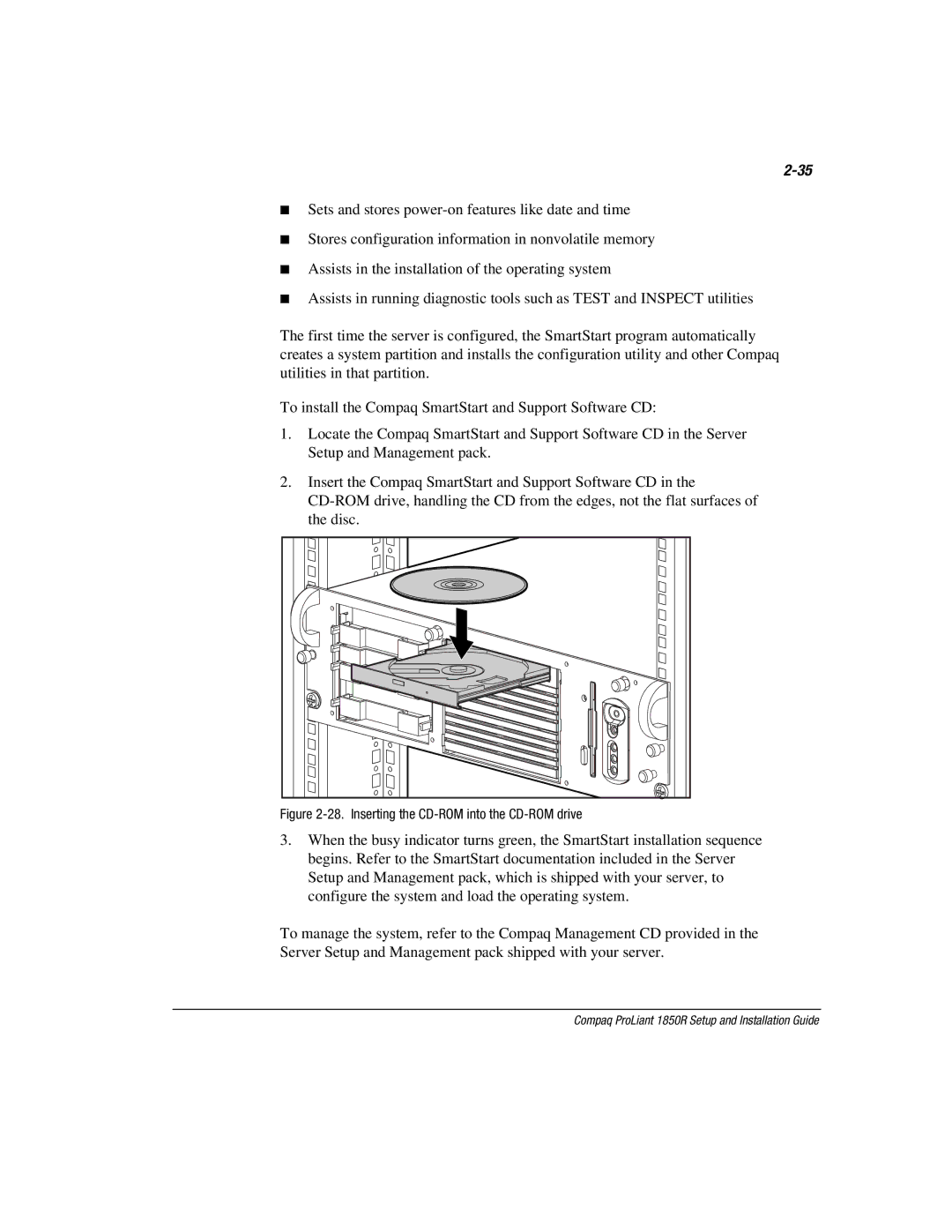 Compaq 1850R manual Inserting the CD-ROM into the CD-ROM drive 