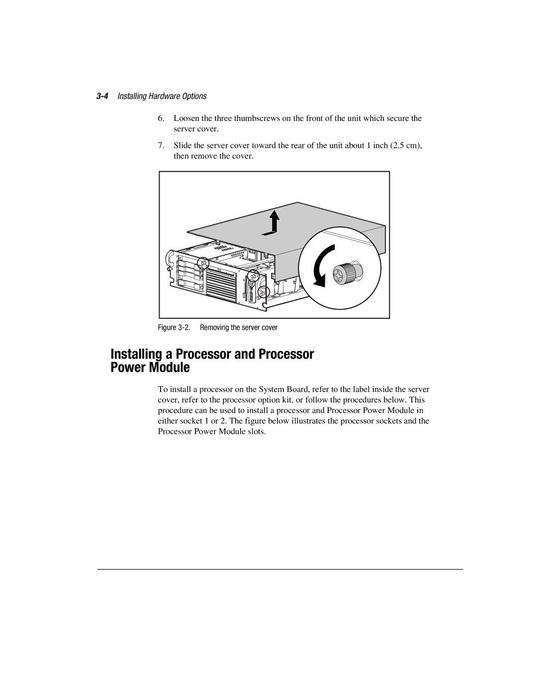 Compaq 1850R manual Installing a Processor and Processor Power Module, 4Installing Hardware Options 