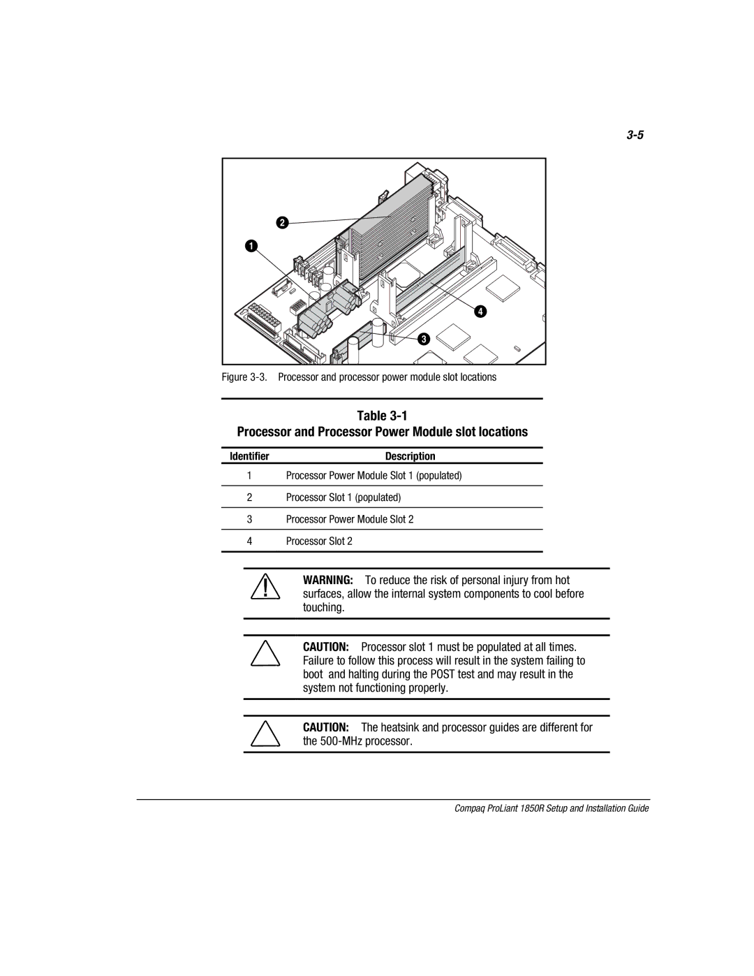 Compaq 1850R Processor and Processor Power Module slot locations, Processor and processor power module slot locations 