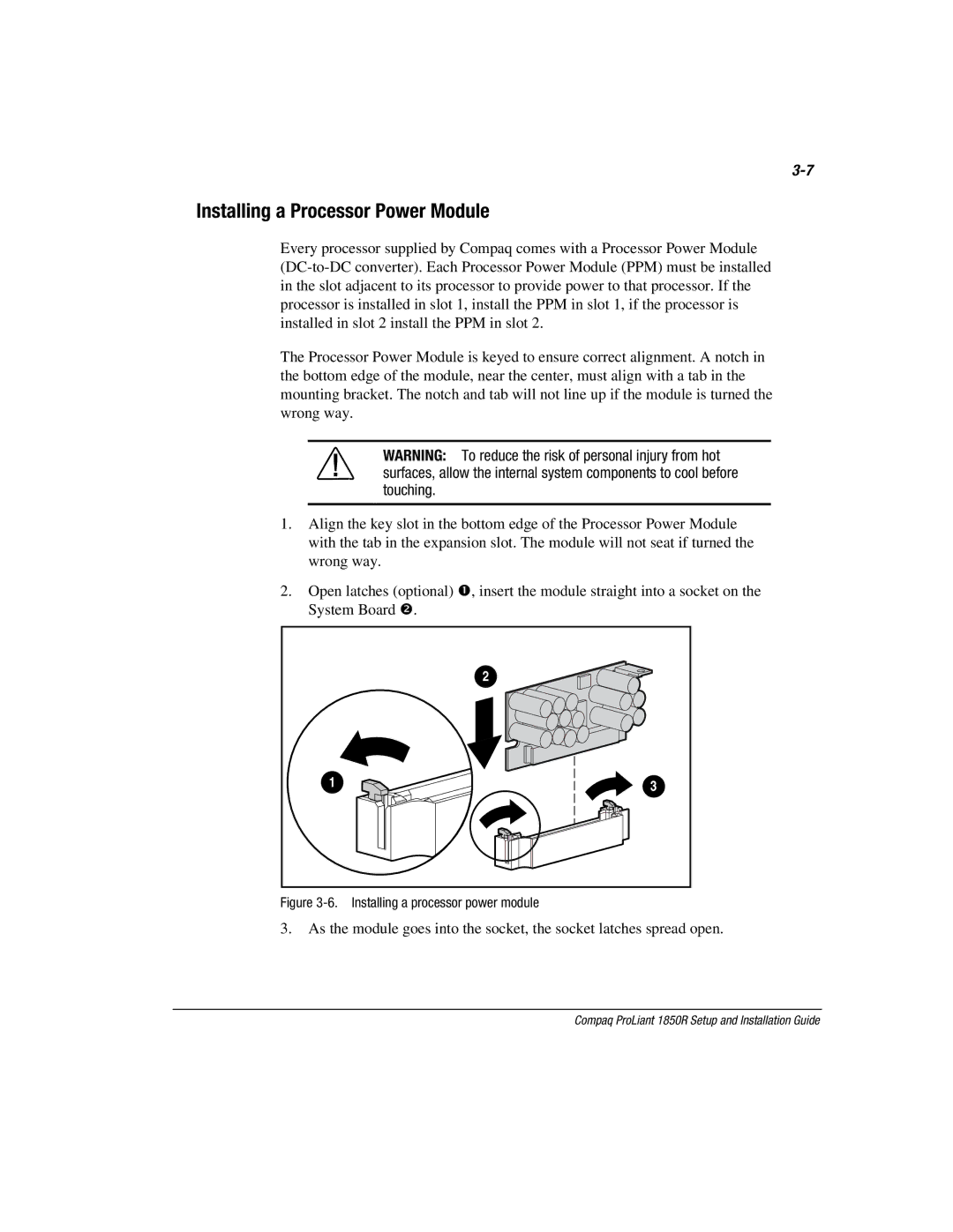 Compaq 1850R manual Installing a Processor Power Module, Installing a processor power module 
