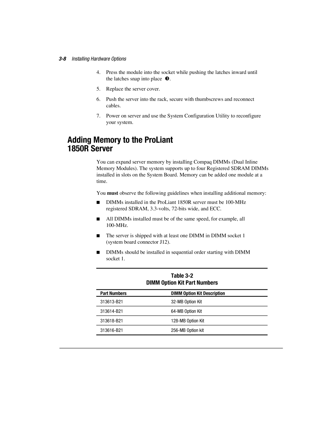 Compaq manual Adding Memory to the ProLiant 1850R Server, Dimm Option Kit Part Numbers, 8Installing Hardware Options 