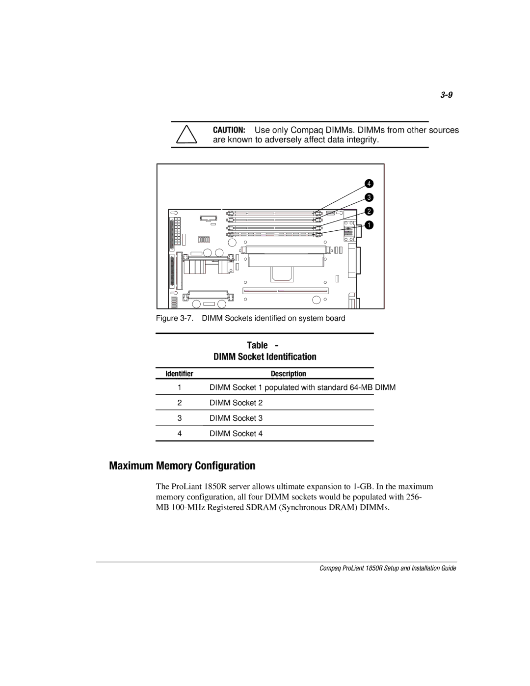 Compaq 1850R manual Maximum Memory Configuration, Dimm Socket Identification 