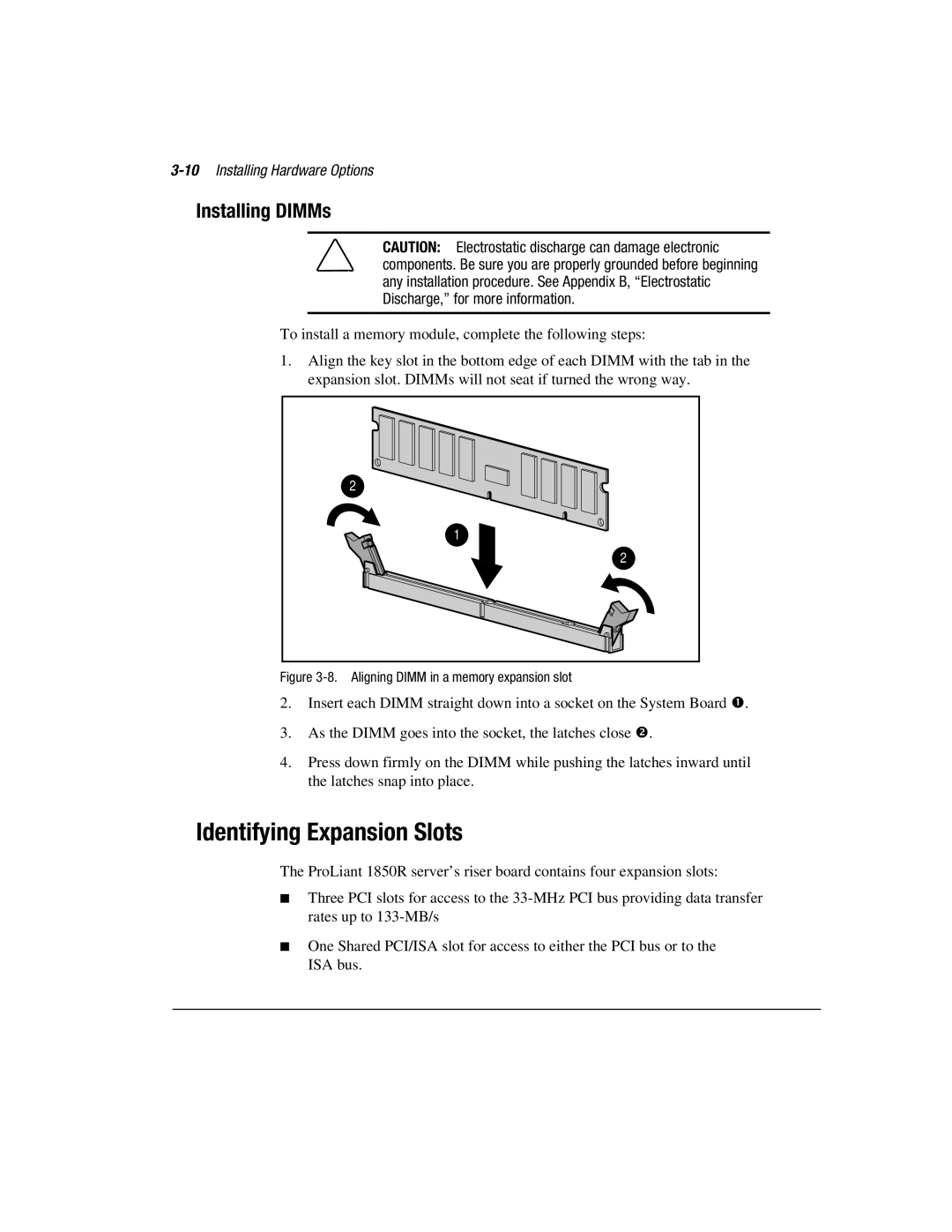 Compaq 1850R manual Identifying Expansion Slots, Installing DIMMs, 10Installing Hardware Options 