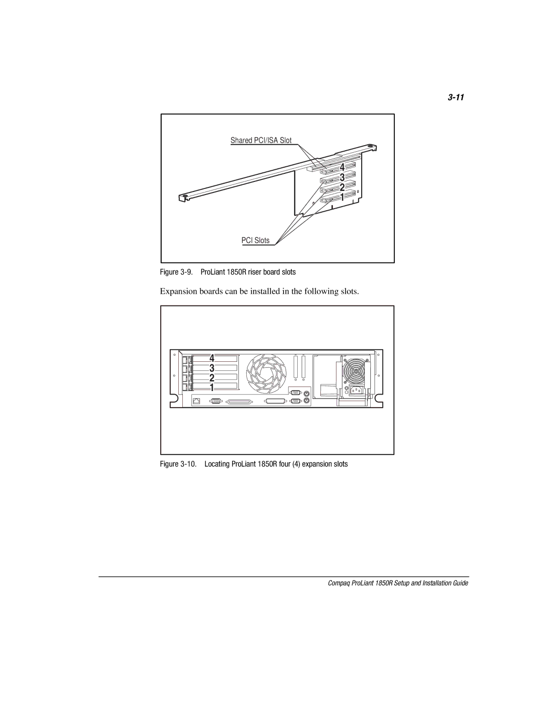 Compaq manual PCI Slots, ProLiant 1850R riser board slots 