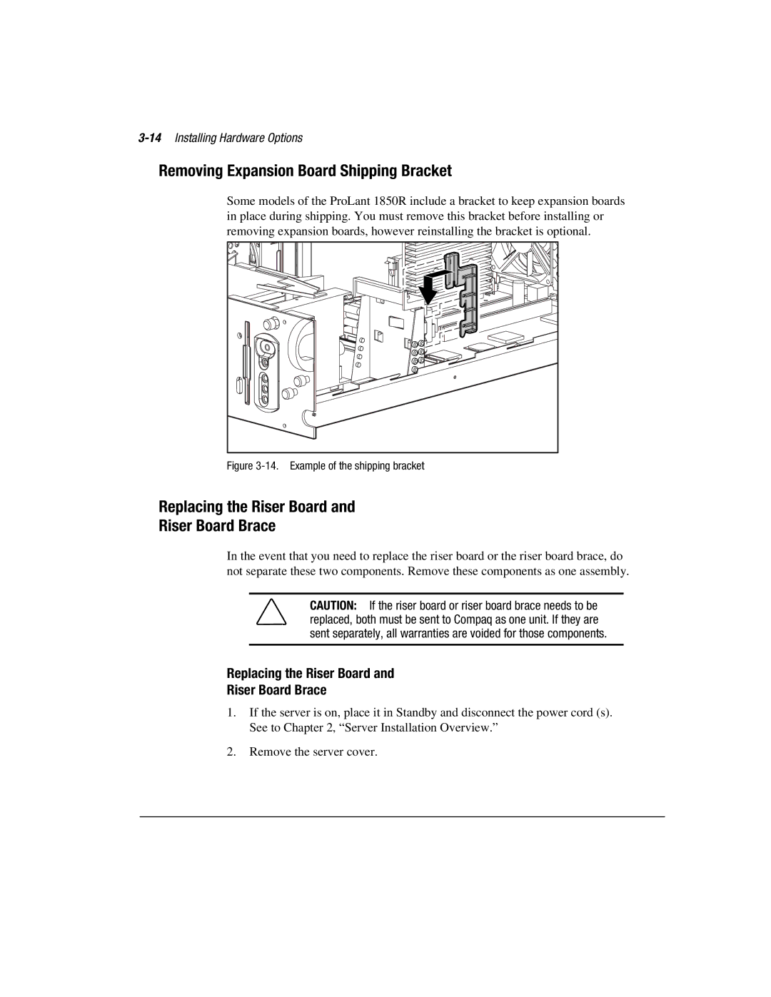 Compaq 1850R manual Removing Expansion Board Shipping Bracket, Replacing the Riser Board Riser Board Brace 