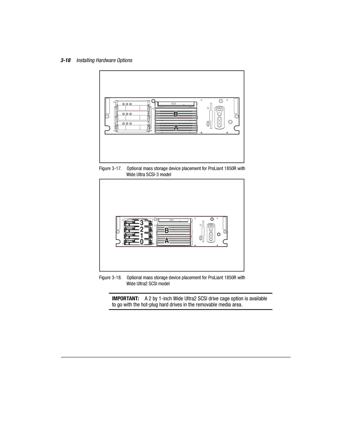 Compaq 1850R manual 18Installing Hardware Options, Wide Ultra2 Scsi model 