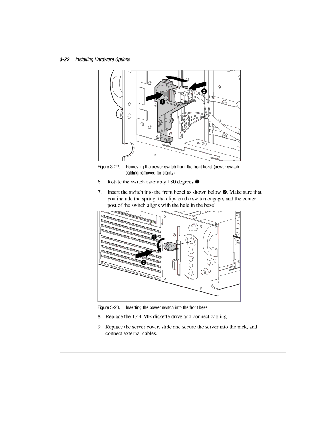 Compaq 1850R manual 22Installing Hardware Options, Inserting the power switch into the front bezel 