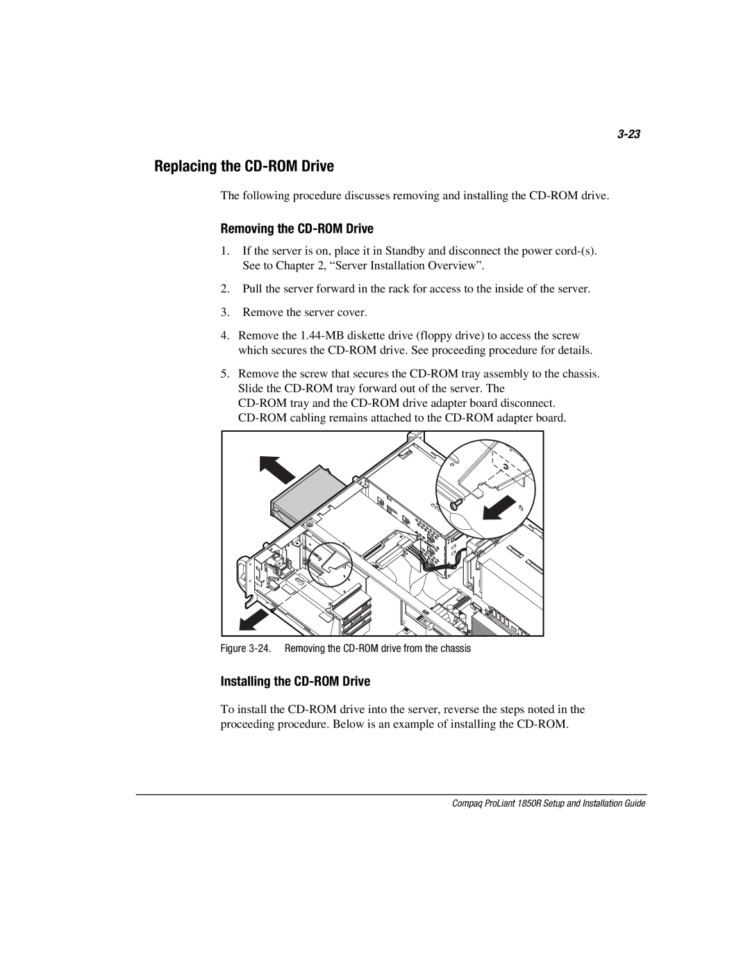 Compaq 1850R manual Replacing the CD-ROM Drive, Removing the CD-ROM Drive, Installing the CD-ROM Drive 