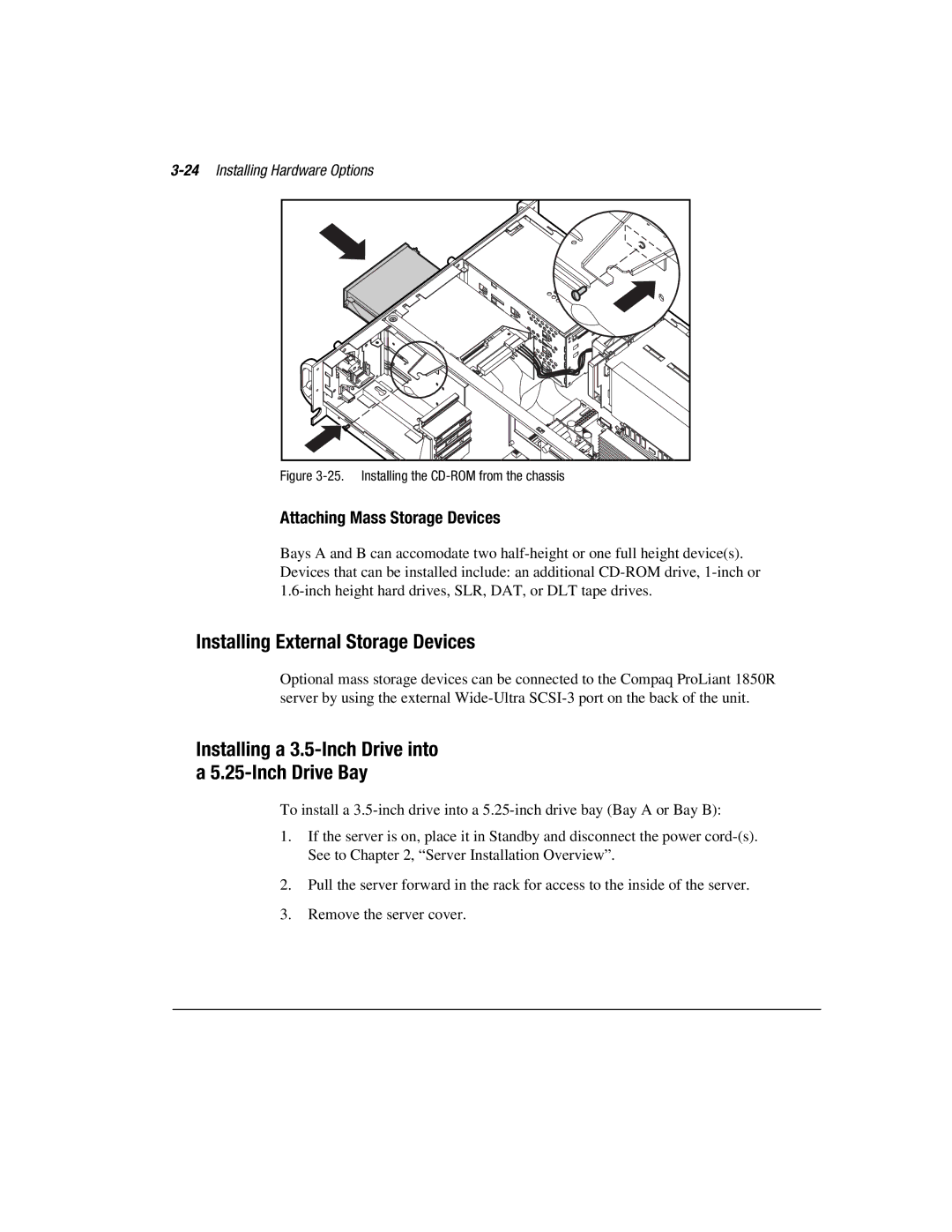 Compaq 1850R manual Installing External Storage Devices, Installing a 3.5-Inch Drive into a 5.25-Inch Drive Bay 