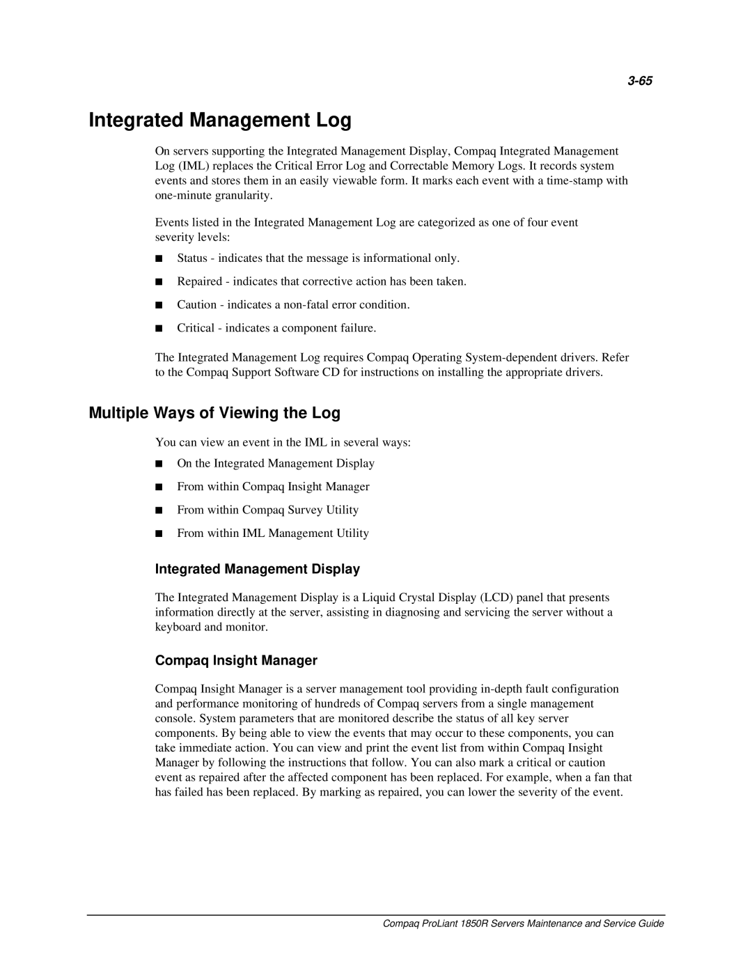 Compaq 1850R manual Integrated Management Log, Multiple Ways of Viewing the Log, Integrated Management Display 