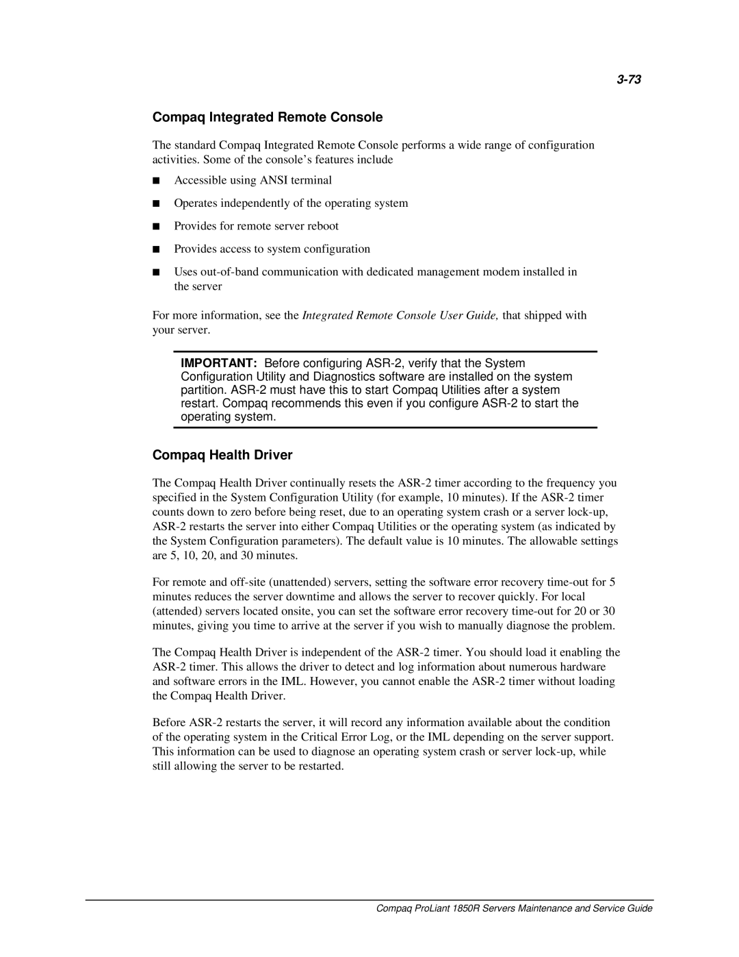 Compaq 1850R manual Compaq Integrated Remote Console, Compaq Health Driver 