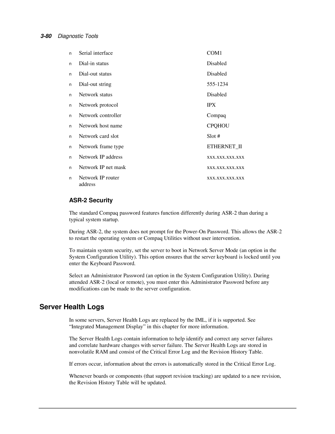 Compaq 1850R manual Server Health Logs, ASR-2 Security 