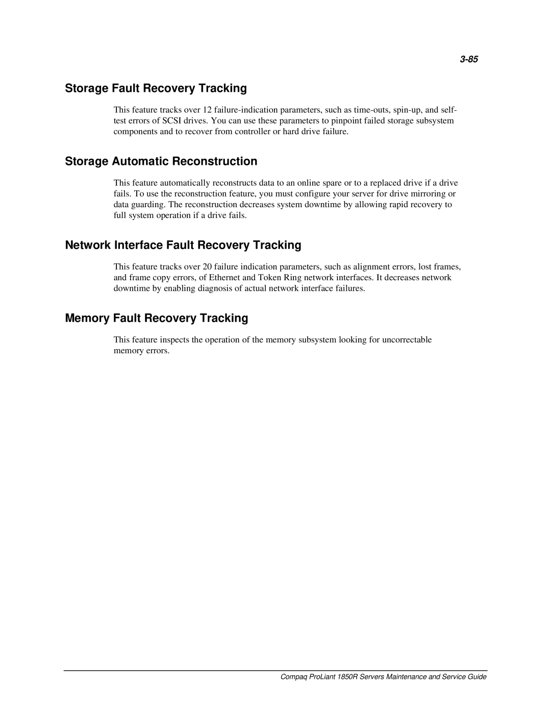 Compaq 1850R Storage Fault Recovery Tracking, Storage Automatic Reconstruction, Network Interface Fault Recovery Tracking 