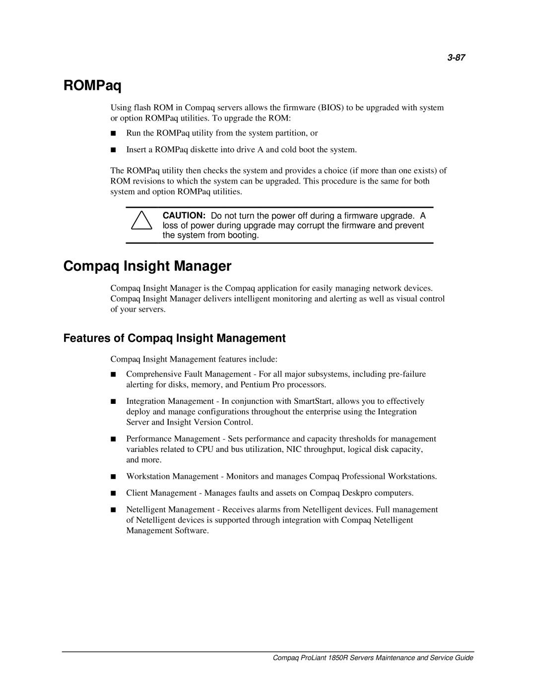 Compaq 1850R manual ROMPaq, Compaq Insight Manager, Features of Compaq Insight Management 