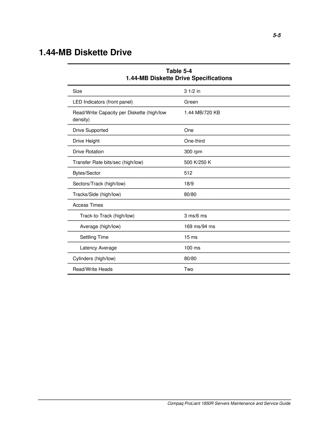 Compaq 1850R manual MB Diskette Drive Specifications 