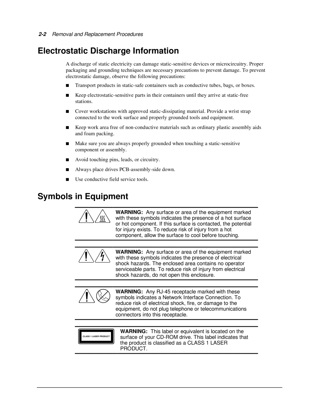 Compaq 1850R manual Electrostatic Discharge Information, Symbols in Equipment 