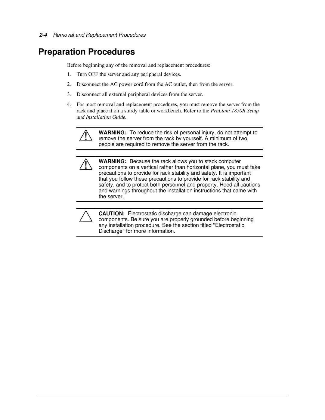 Compaq 1850R manual Preparation Procedures 