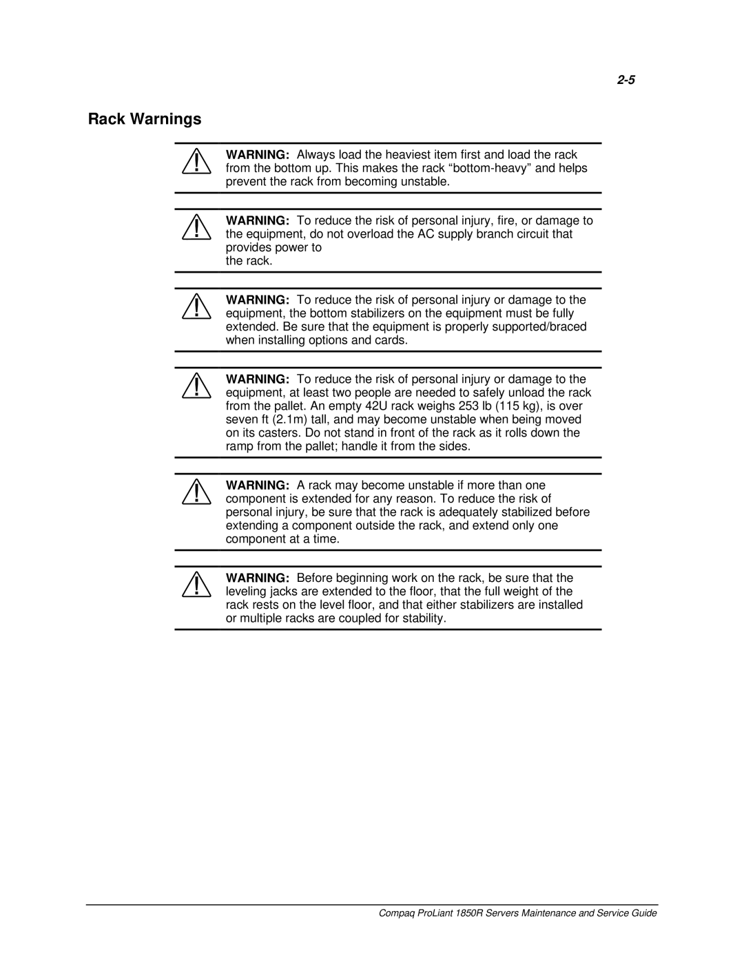 Compaq 1850R manual Rack Warnings 