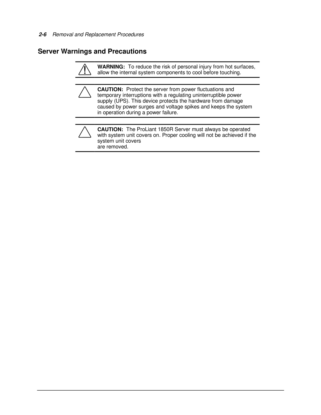 Compaq 1850R manual Server Warnings and Precautions 