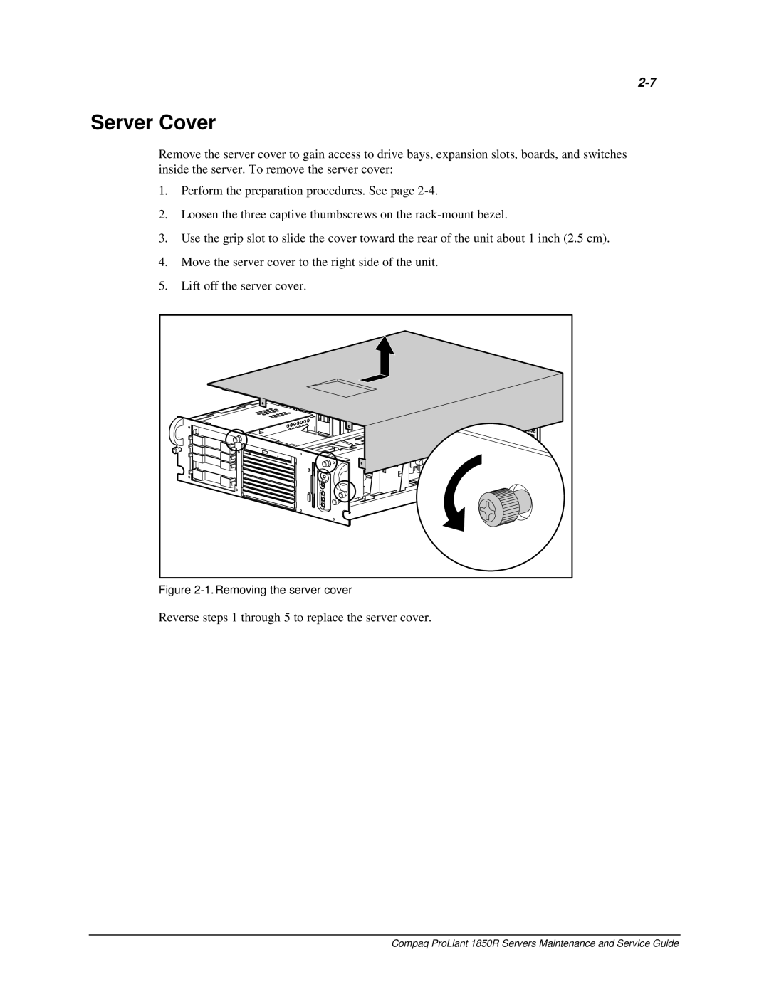 Compaq 1850R manual Server Cover, Removing the server cover 