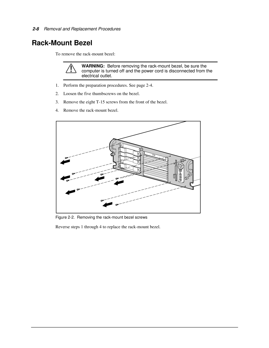 Compaq 1850R manual Rack-Mount Bezel, Removing the rack-mount bezel screws 