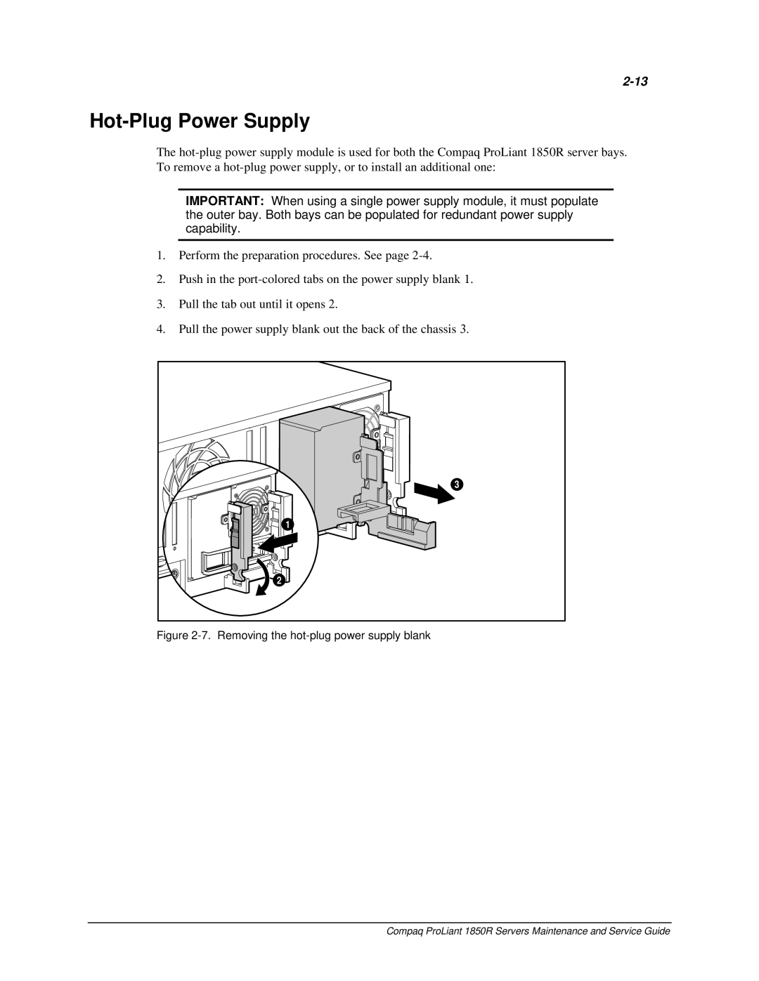 Compaq 1850R manual Hot-Plug Power Supply, Removing the hot-plug power supply blank 