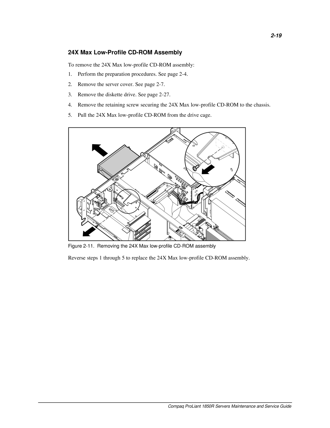 Compaq 1850R manual 24X Max Low-Profile CD-ROM Assembly, Removing the 24X Max low-profile CD-ROM assembly 