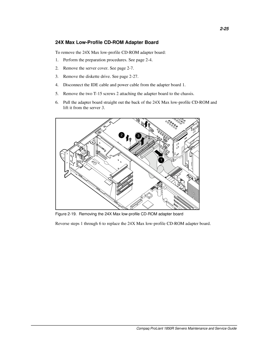 Compaq 1850R manual 24X Max Low-Profile CD-ROM Adapter Board, Removing the 24X Max low-profile CD-ROM adapter board 