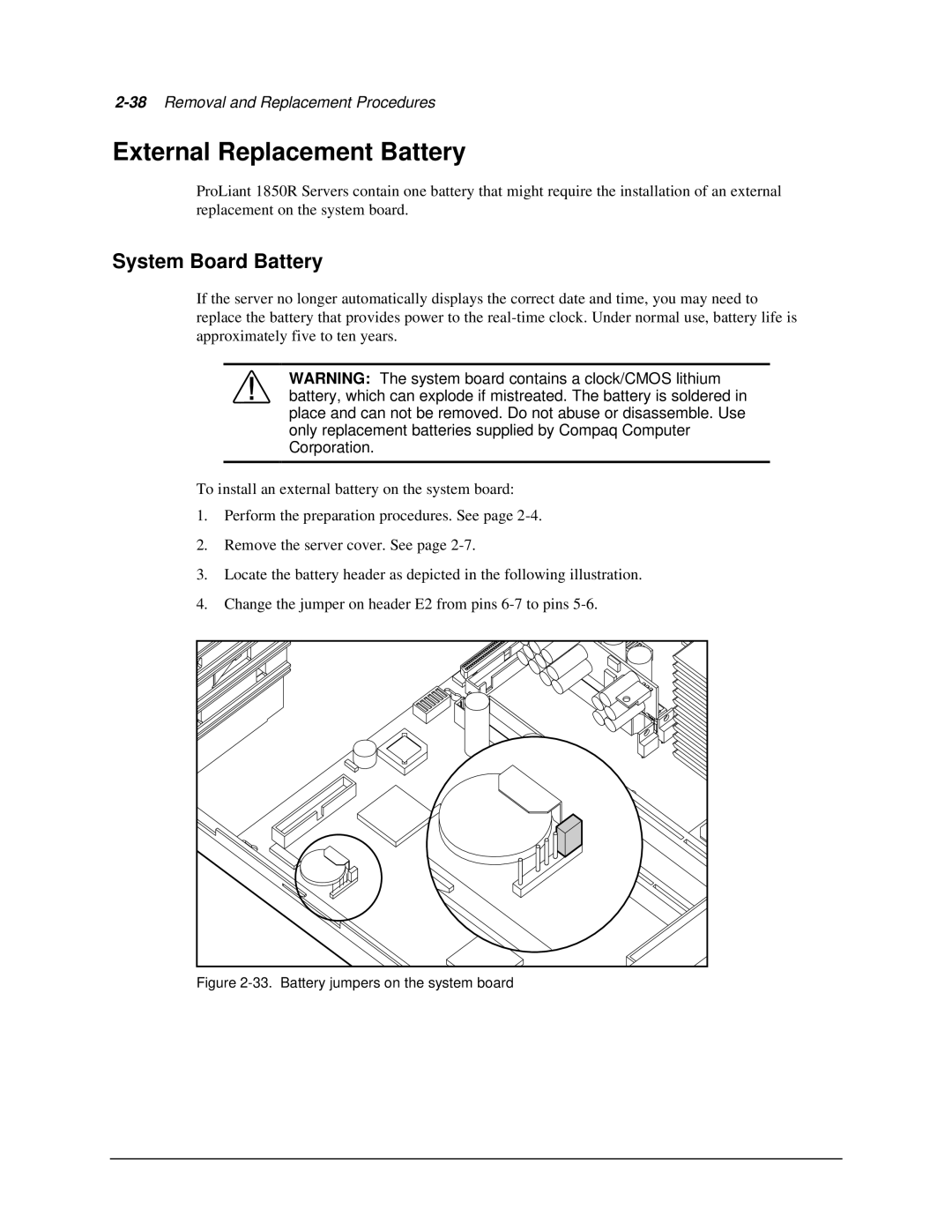 Compaq 1850R manual External Replacement Battery, System Board Battery 