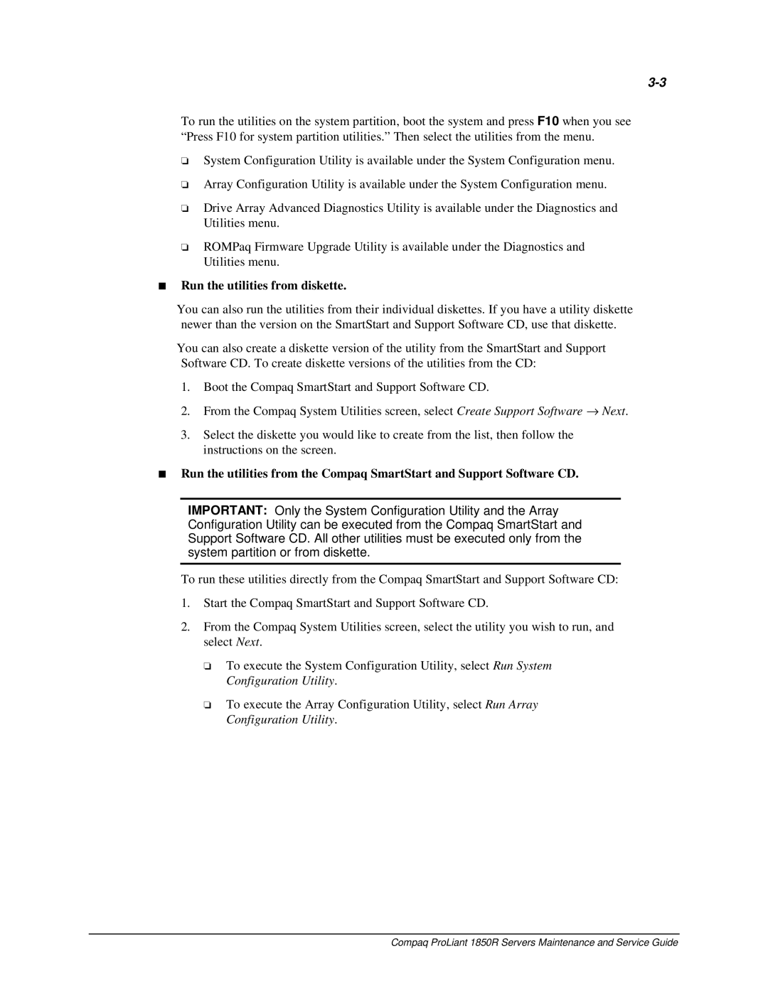 Compaq 1850R manual Run the utilities from diskette 