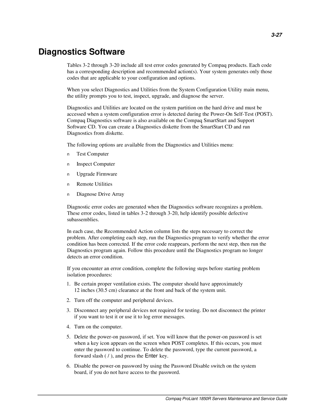 Compaq 1850R manual Diagnostics Software 