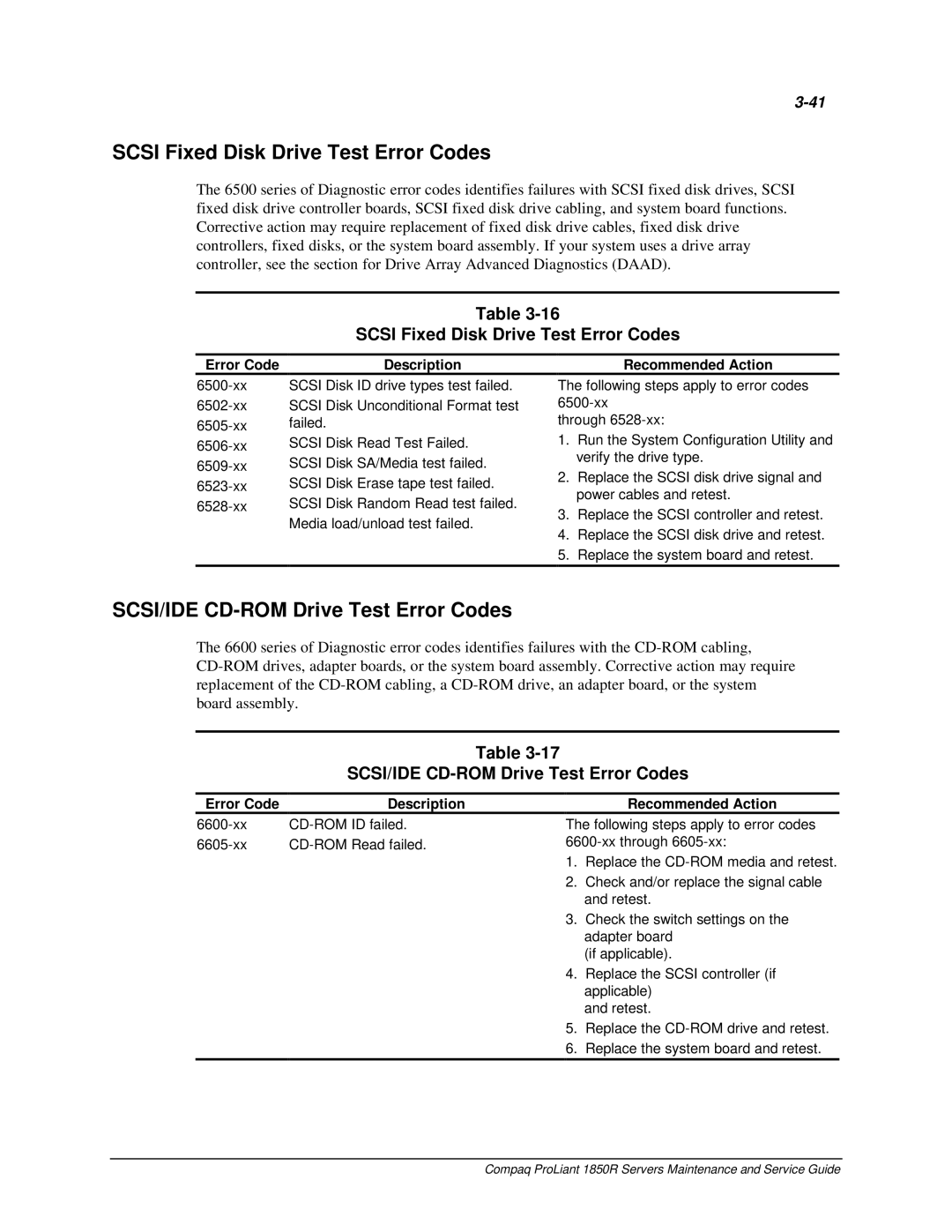 Compaq 1850R manual Scsi Fixed Disk Drive Test Error Codes, SCSI/IDE CD-ROM Drive Test Error Codes 