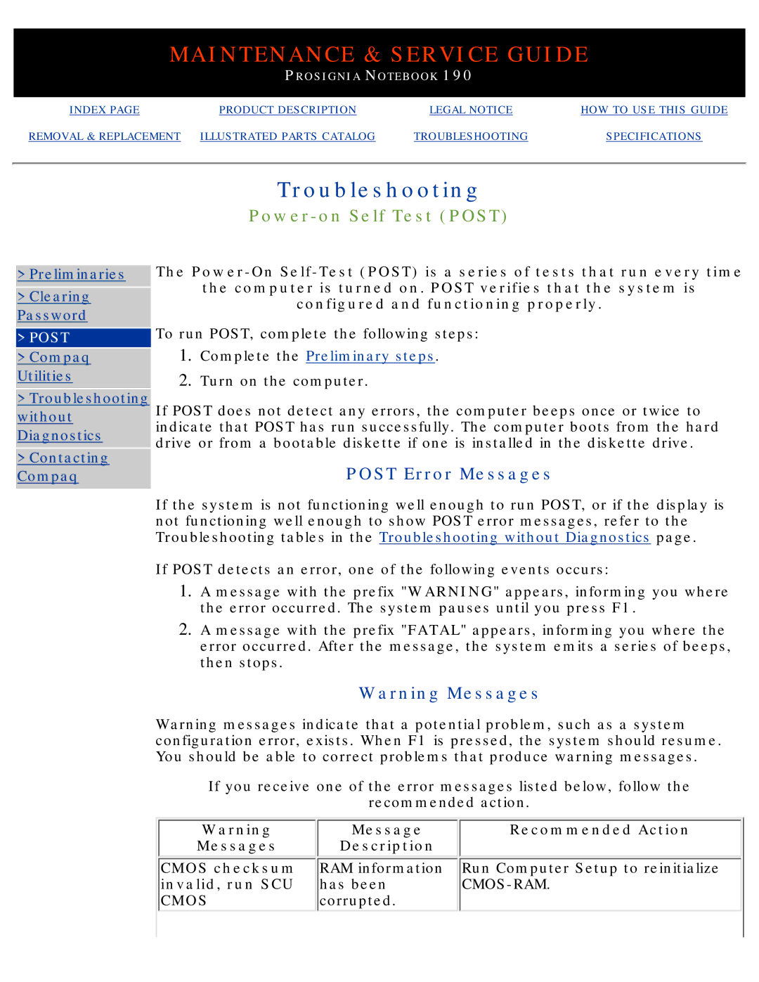 Compaq 190 manual Power-on Self Test Post, Post Error Messages, Invalid, run SCU Has been, Corrupted 