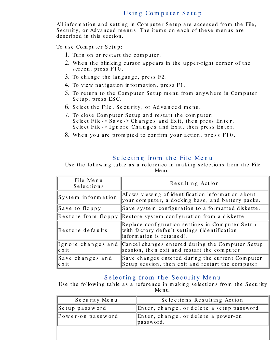 Compaq 190 manual Using Computer Setup, Selecting from the File Menu, Selecting from the Security Menu 