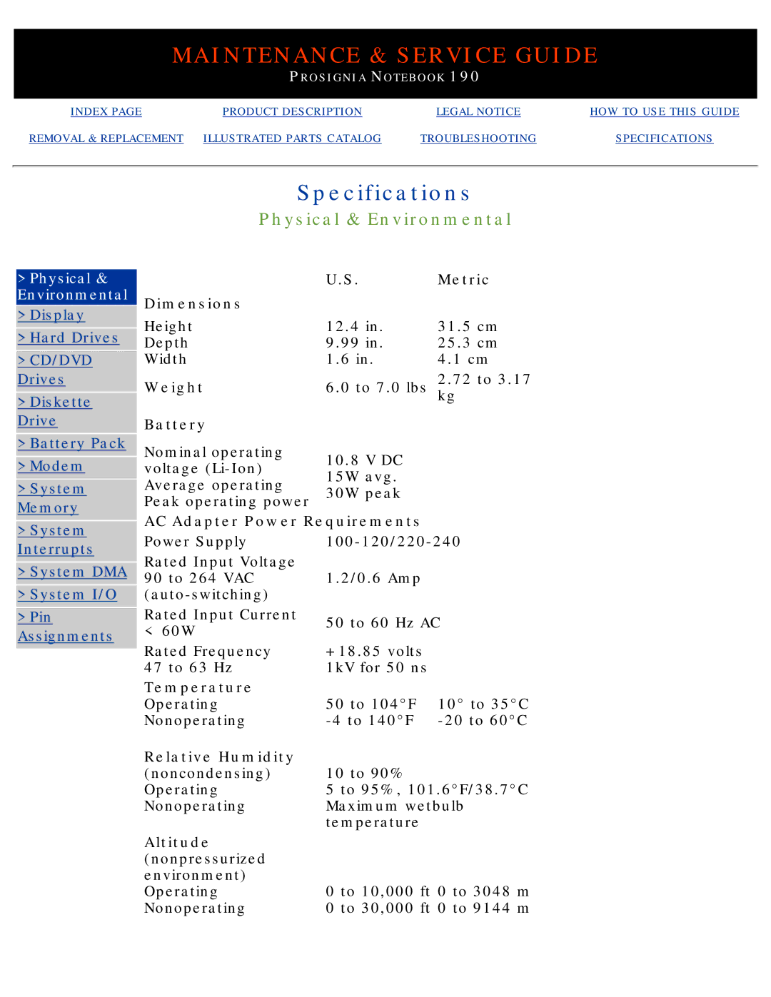 Compaq 190 manual Physical & Environmental 