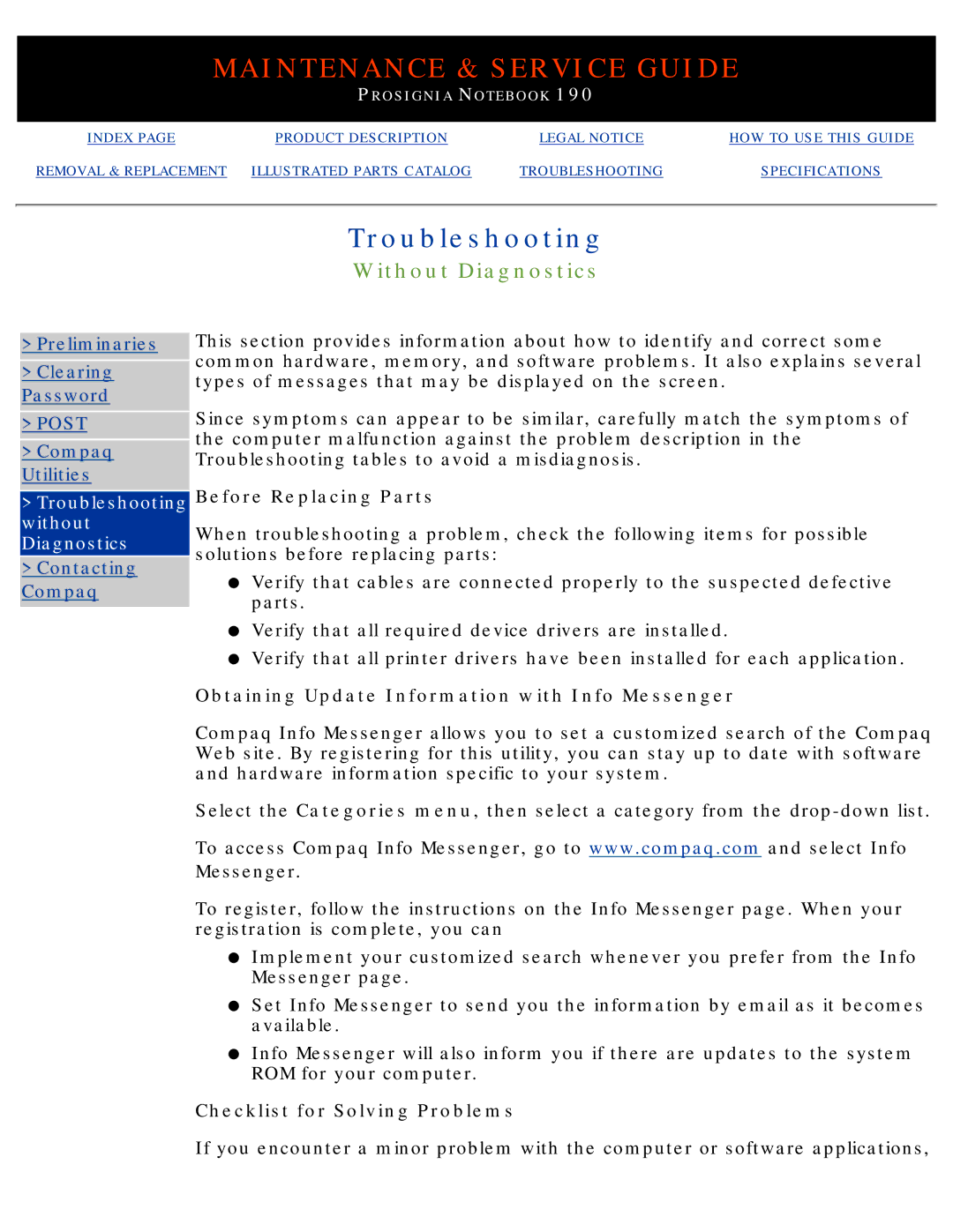 Compaq 190 manual Without Diagnostics, Before Replacing Parts, Obtaining Update Information with Info Messenger 