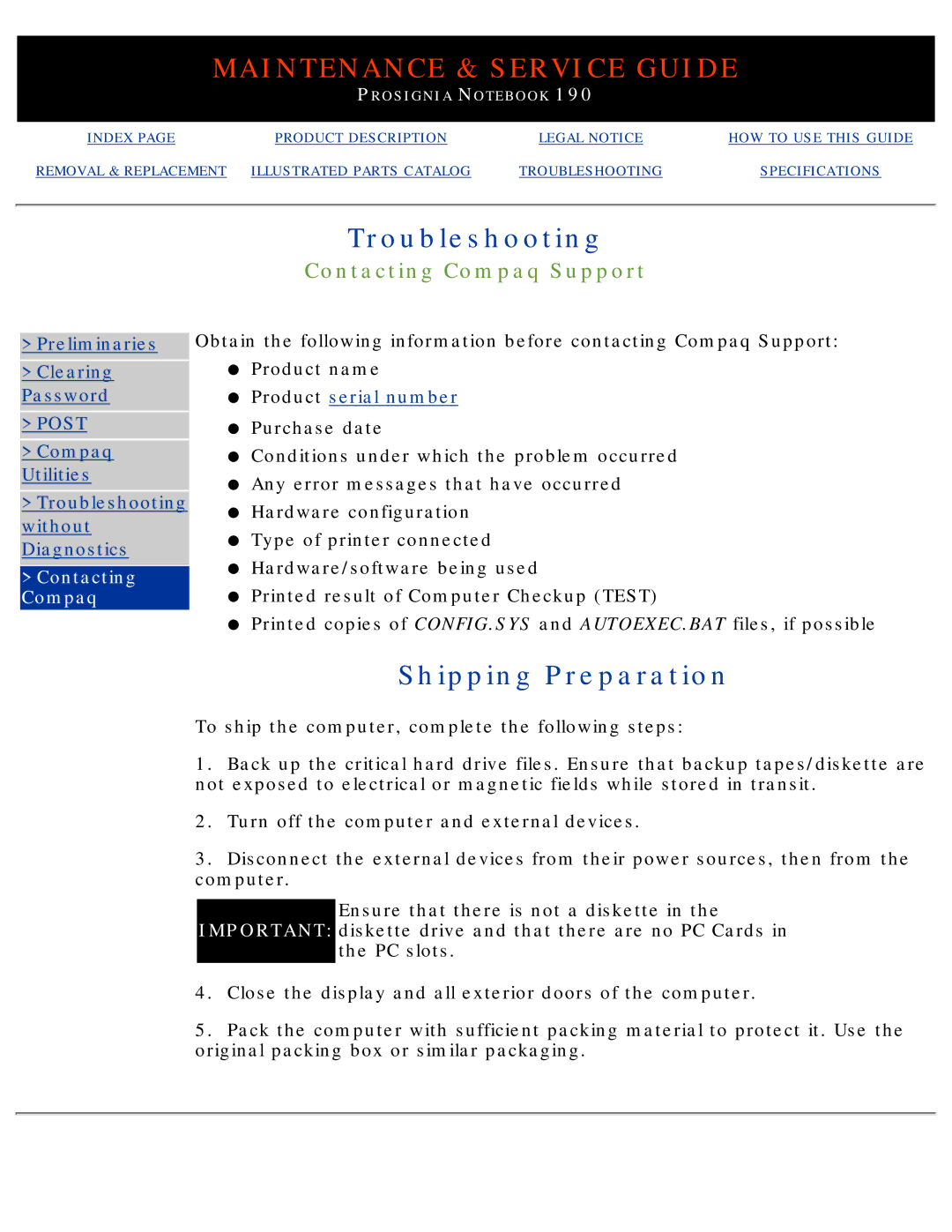 Compaq 190 manual Shipping Preparation, Contacting Compaq Support 