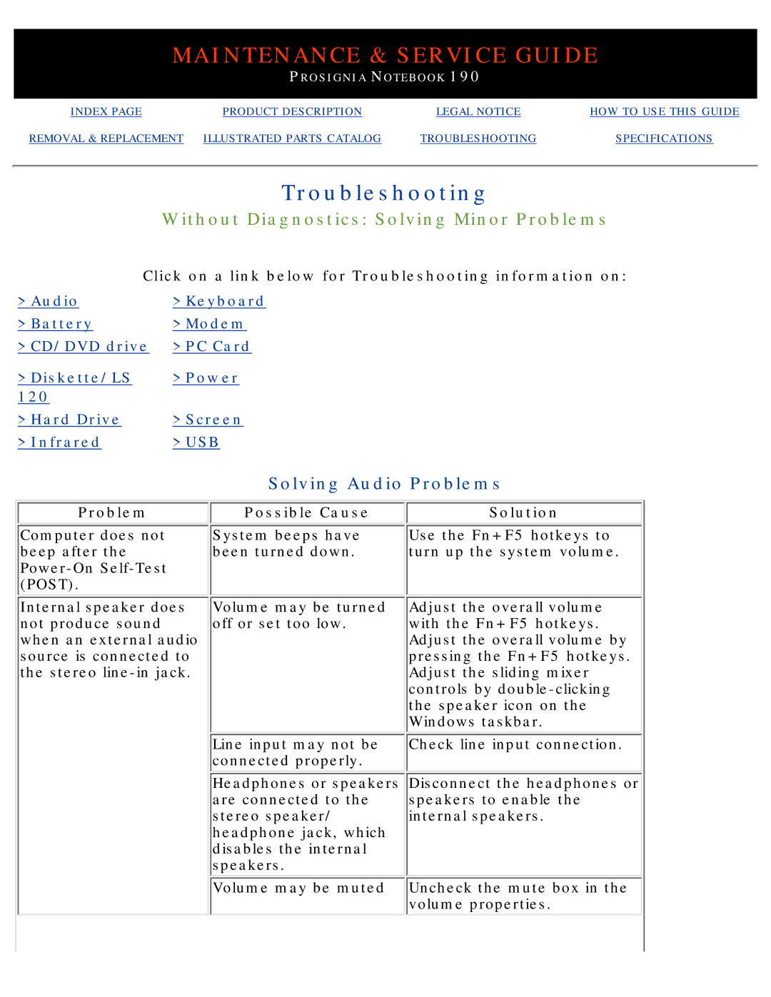 Compaq 190 manual Without Diagnostics Solving Minor Problems, Solving Audio Problems, Problem Possible Cause Solution 
