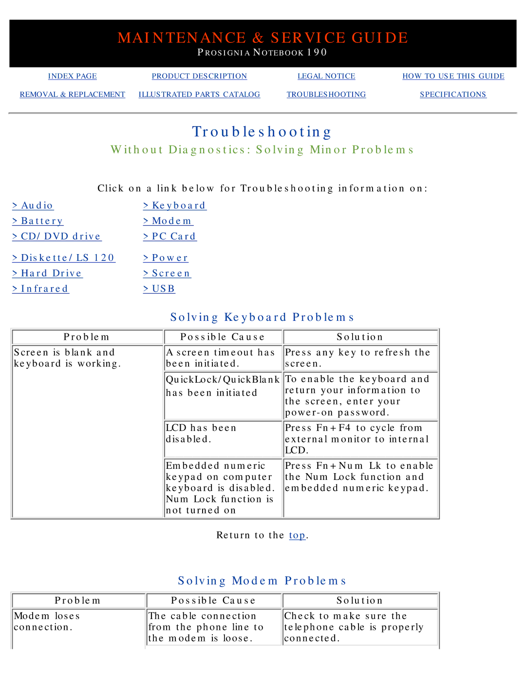 Compaq 190 manual Solving Keyboard Problems, Solving Modem Problems 