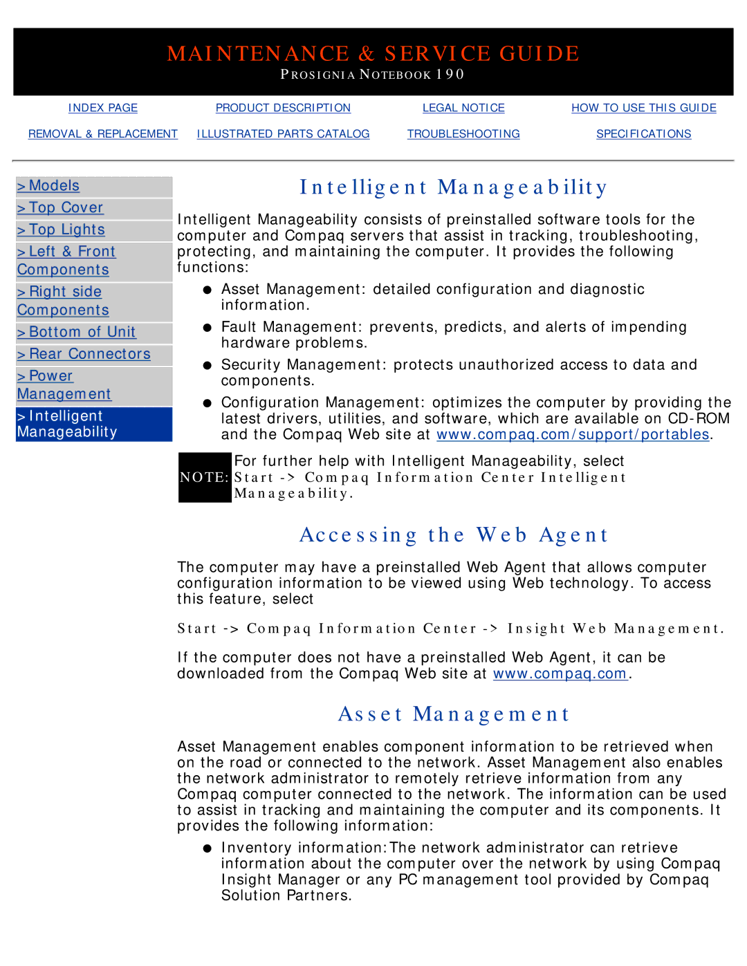 Compaq 190 manual Intelligent Manageability, Accessing the Web Agent, Asset Management 