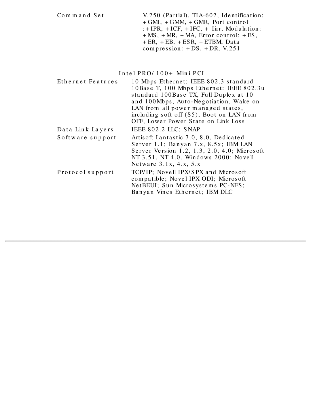 Compaq 190 Command Set, Intel PRO/100+ Mini PCI Ethernet Features, Data Link Layers, Software support, Protocol support 
