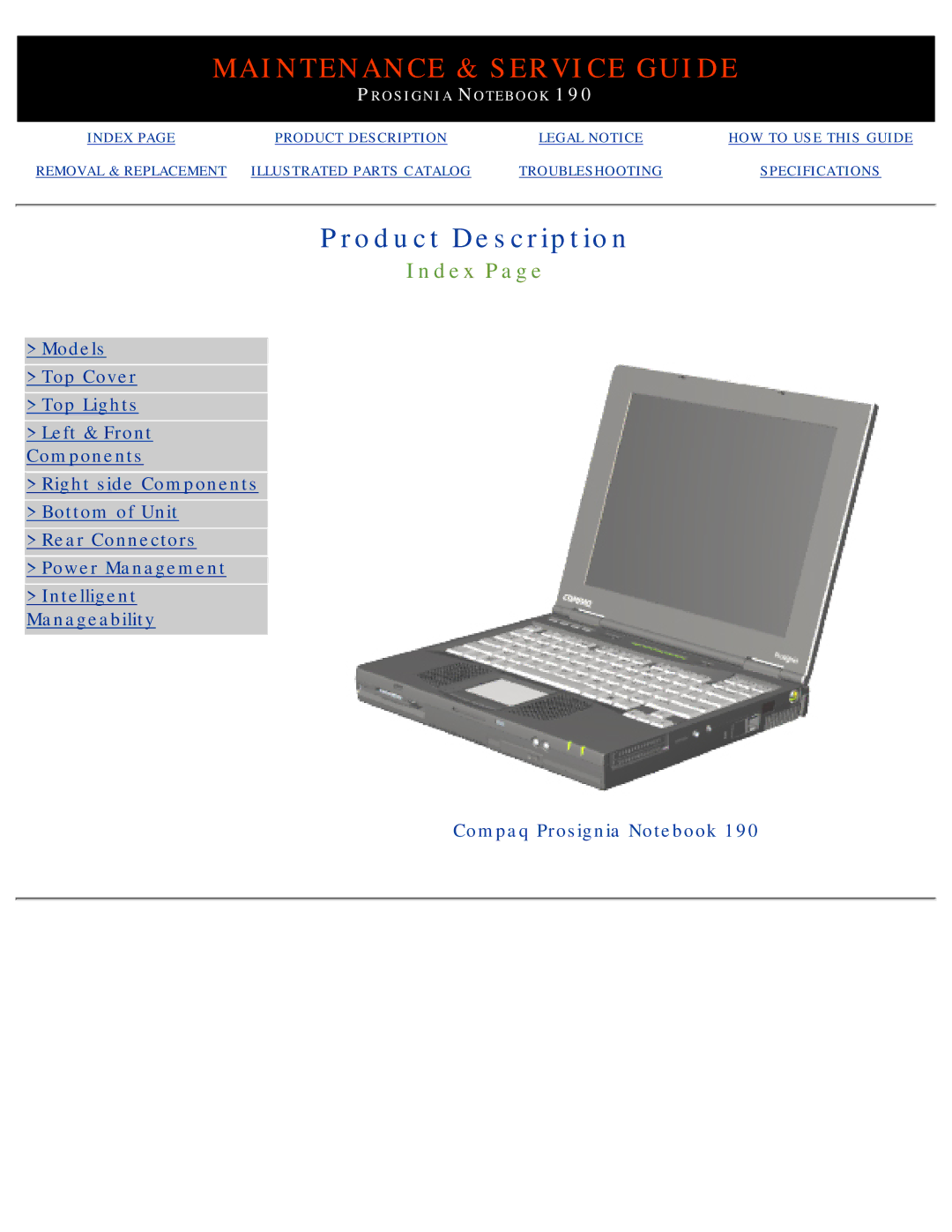 Compaq 190 manual Product Description, Index 