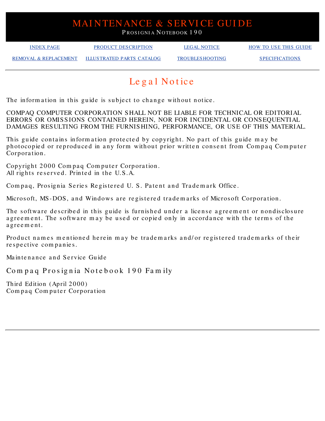 Compaq 190 manual Legal Notice 