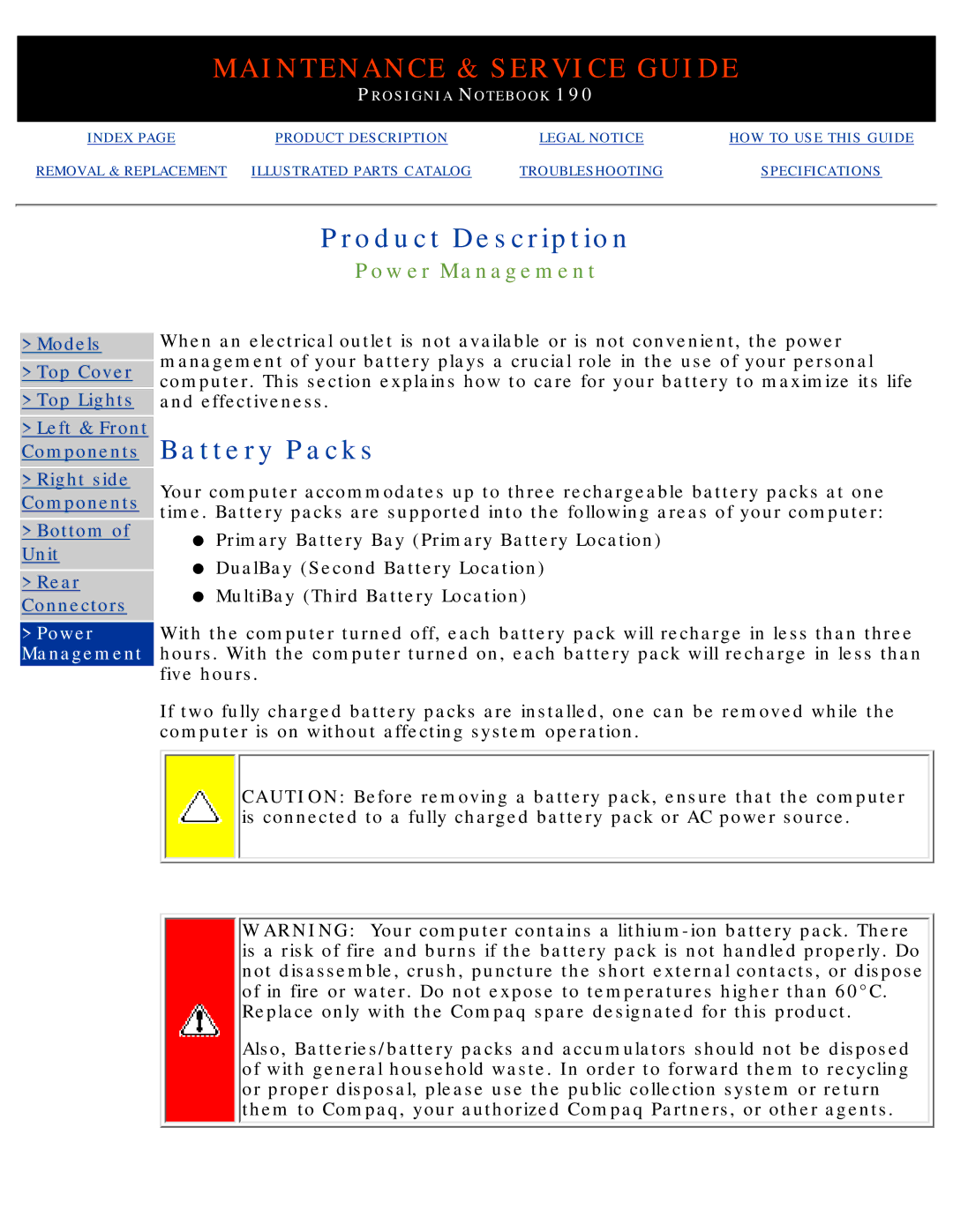 Compaq 190 manual Battery Packs, Power Management 